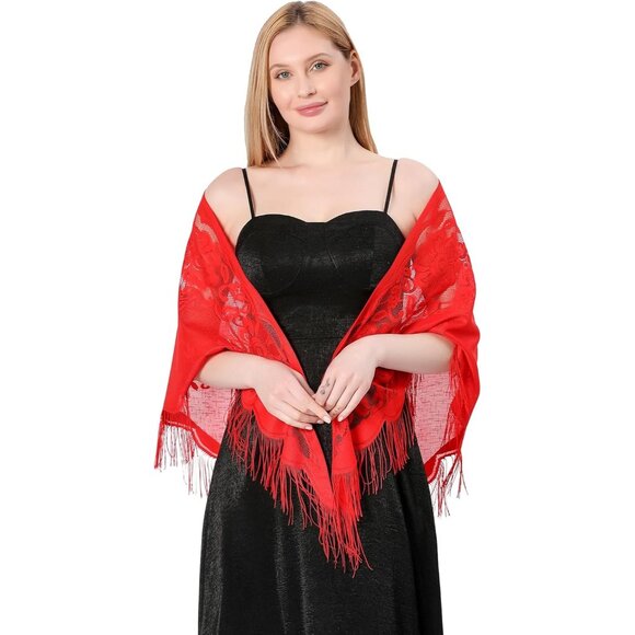 Women Red Triangle Lace Shawl Wrap Floral Lightweight Fringe Scarf Evening Dress - Picture 4 of 5